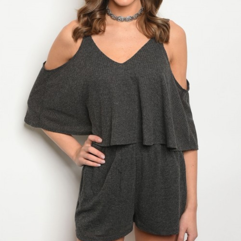 Open back charcoal knit romper